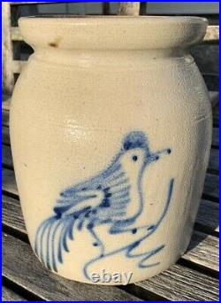 Antique 19th c. Cobalt Decorated Stoneware Crock with Bird, White's Utica, NY AAFA