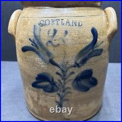 Antique 19thc Cortland NY Cobalt Blue Floral Decor Stoneware Jar Crock Primitive