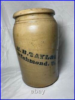 Antique 1 Gallon E. B. Taylor Richmond Va. Virginia Stoneware Jar Crock Prim