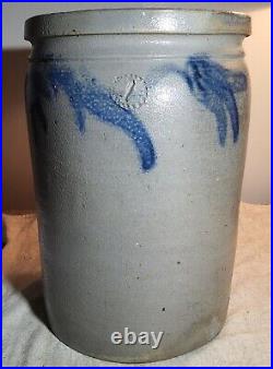 Antique 1 Gallon Grey Salt-glazed Stoneware Pottery Crock With Blue Floral Sides