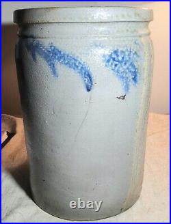 Antique 1 Gallon Grey Salt-glazed Stoneware Pottery Crock With Blue Floral Sides