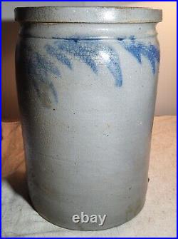 Antique 1 Gallon Grey Salt-glazed Stoneware Pottery Crock With Blue Floral Sides