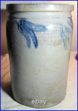 Antique 1 Gallon Grey Salt-glazed Stoneware Pottery Crock With Blue Floral Sides