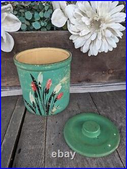 Antique 20s Robinson Ransburg Pottery Co. 6.5 Yellow Stoneware Floral Canister