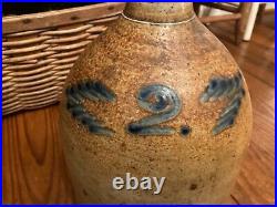 Antique 2 Gallon Stoneware Salt Glaze Jug Cobalt Blue Wings'2' Mustard Color
