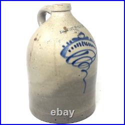 Antique 2 gallon Stoneware Jug Cobalt Blue Design Troy NY Pottery