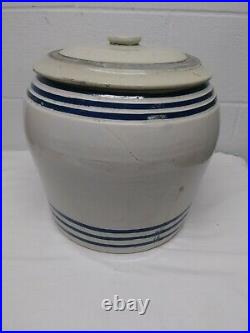 Antique 3-1/2 Gallon Stoneware Water Crock With Blue Stripes And Starburst LID