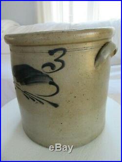 Antique 3 Gal Stoneware Salt Glaze Crock BLUE FLOWER FOLK ART PRIMITIVE 19TH CEN