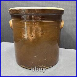 Antique 3 Gallon Blue Paint Bee Sting Brown Glazed Stoneware Handled Crock