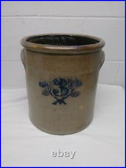 Antique 3 Gallon Stoneware Crock With Blue Crossed Roses Late 1800's Crock