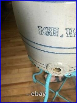 Antique 3 Gallon Water Cooler Glazed Stoneware Crock Blue Stripes