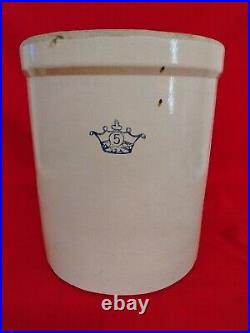 Antique 5 Gallon Robinson Ransbottom Stoneware Crock Blue Crown Vintage