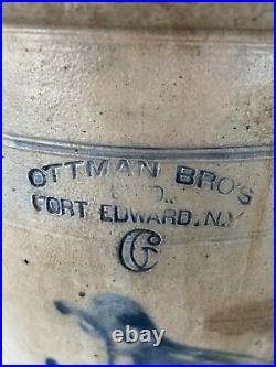 Antique 6 Gallon Stoneware Crock Cobalt Blue Bird Motif 13 Tall