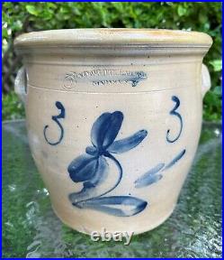 Antique A O Whittemore Stoneware 3 Gallon Crock Havana NY Cobalt Blue Flower