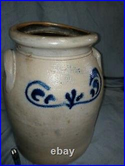 Antique American Crock Blue Decorated Salt Glaze Stoneware fenton 2gal signed