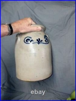 Antique American Crock Blue Decorated Salt Glaze Stoneware fenton 2gal signed