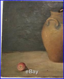 Antique American Folk Painting Oil On Canvas Signed Wiele Stoneware Pottery