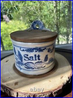 Antique American Salt Glazed Stoneware Pottery Hanging Salt Box With Wood Lid