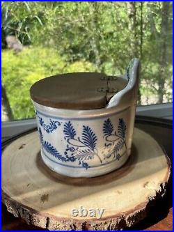 Antique American Salt Glazed Stoneware Pottery Hanging Salt Box With Wood Lid