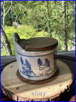 Antique American Salt Glazed Stoneware Pottery Hanging Salt Box With Wood Lid