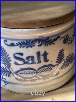 Antique American Salt Glazed Stoneware Pottery Hanging Salt Box With Wood Lid