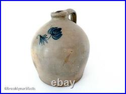 Antique American Stoneware Pottery Two Gallon Jug with Cobalt Decorated Flower