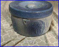 Antique Blue And White Stoneware Rare Cherries Lidded Butter Crock