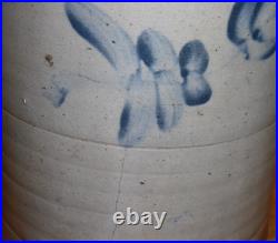 Antique Blue Decorated Gray Stoneware 3 Gallon Crock Cracked 13.5
