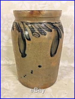 Antique Blue Decorated Stoneware Jar 8-7/8 High Unsigned Crazing of Finish