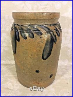 Antique Blue Decorated Stoneware Jar 8-7/8 High Unsigned Crazing of Finish