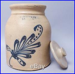 Antique Blue Decorated Stoneware Troy NY Crock w Lid