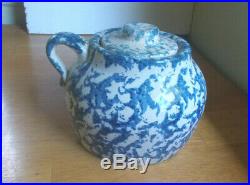 Antique Blue Spongeware Bean Pot With Original LID Unmarked Uhl Pottery Nice