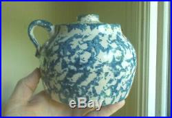 Antique Blue Spongeware Bean Pot With Original LID Unmarked Uhl Pottery Nice