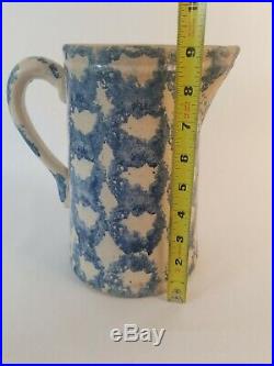 Antique Blue Spongeware Stoneware Pitcher Salt Glaze Chainlink Pattern Early1900