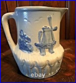 Antique Blue & White Country Stoneware Pottery Pitcher With Windmill