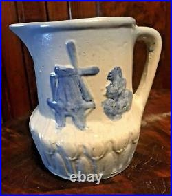 Antique Blue & White Country Stoneware Pottery Pitcher With Windmill