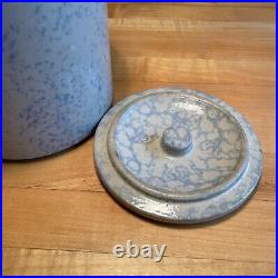Antique Blue & White Spongeware Red Wing Stoneware Crock withLid