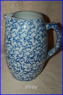 Antique Blue & White Spongeware Salt Glaze Stoneware Country Farmhouse Pitcher