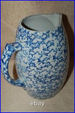 Antique Blue & White Spongeware Salt Glaze Stoneware Country Farmhouse Pitcher