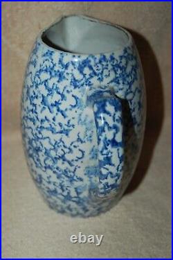 Antique Blue & White Spongeware Salt Glaze Stoneware Country Farmhouse Pitcher