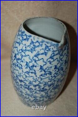 Antique Blue & White Spongeware Salt Glaze Stoneware Country Farmhouse Pitcher