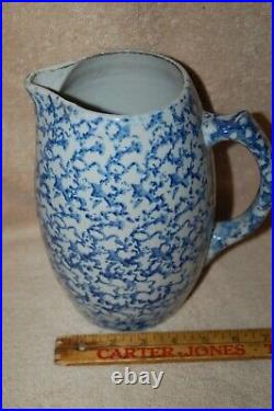 Antique Blue & White Spongeware Salt Glaze Stoneware Country Farmhouse Pitcher