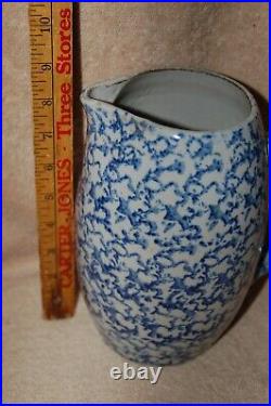 Antique Blue & White Spongeware Salt Glaze Stoneware Country Farmhouse Pitcher