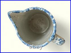 Antique Blue & White Spongeware Salt Glaze Stoneware Country Farmhouse Pitcher