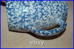 Antique Blue & White Spongeware Salt Glaze Stoneware Country Farmhouse Pitcher