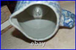 Antique Blue & White Spongeware Salt Glaze Stoneware Country Farmhouse Pitcher