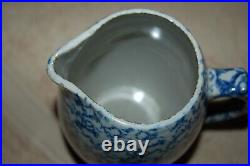 Antique Blue & White Spongeware Salt Glaze Stoneware Country Farmhouse Pitcher