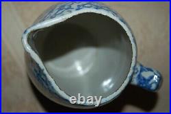 Antique Blue & White Spongeware Salt Glaze Stoneware Country Farmhouse Pitcher