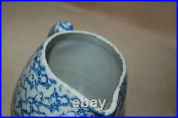 Antique Blue & White Spongeware Salt Glaze Stoneware Country Farmhouse Pitcher