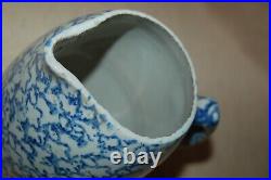 Antique Blue & White Spongeware Salt Glaze Stoneware Country Farmhouse Pitcher